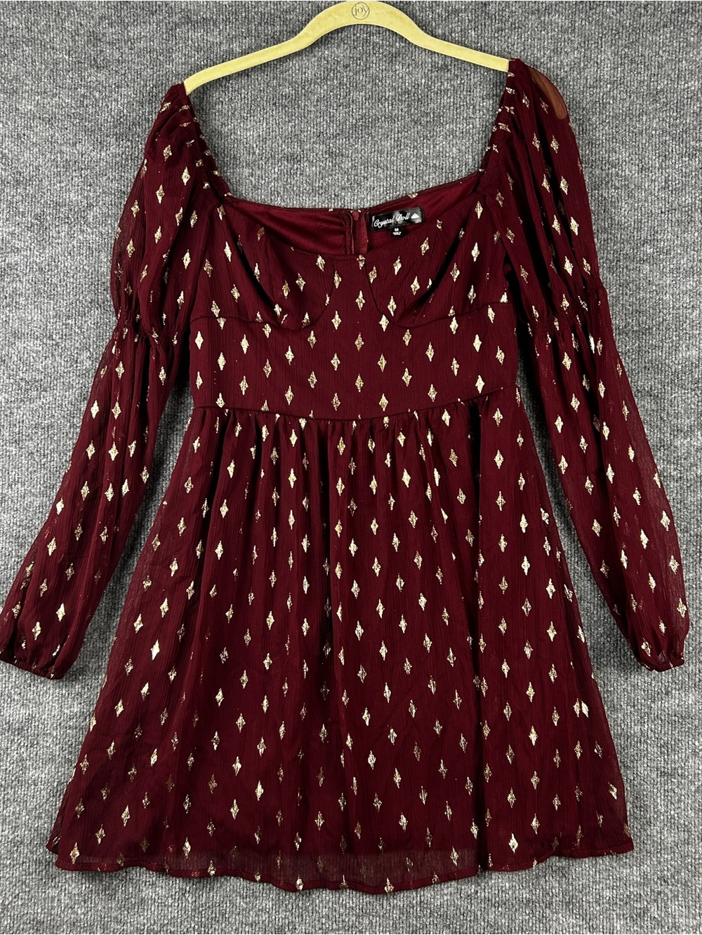 Crystal Doll Burgundy Gold Metallic Foil Print Long Sleeve Mini Dress Size M